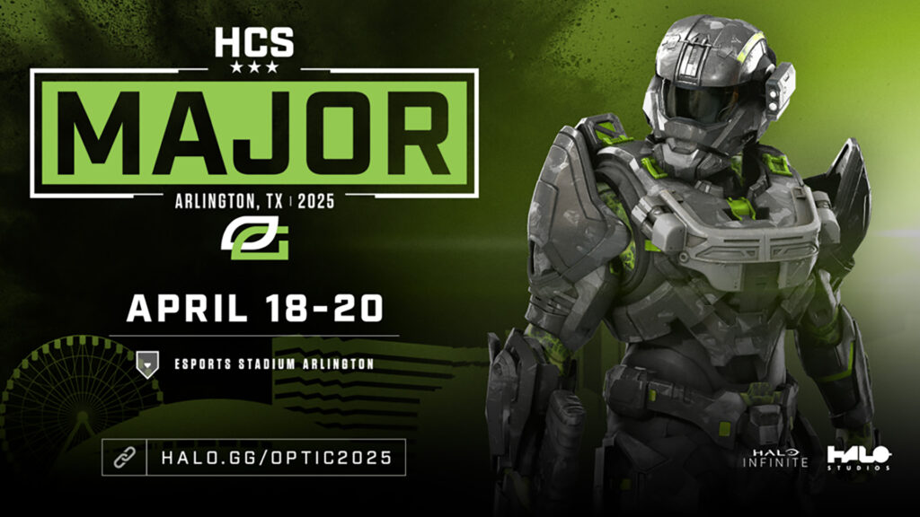 Image of Halo Spartan on a green background standing next to HCS Major Arlington logo