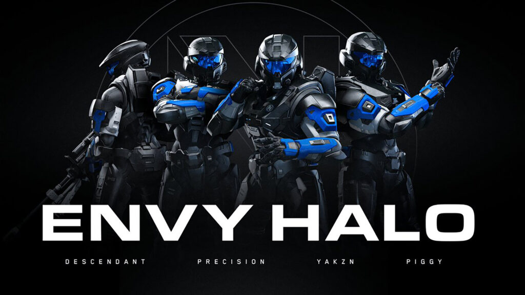 Image of Halo spartans wearing ENVY colours. White text and the names of Envy Halo players are at the bottom of the image