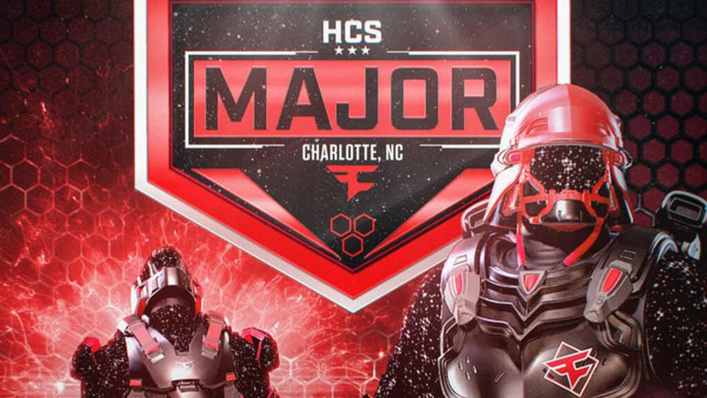 Image of HCS Charlotte Major logo with two red and black Halo spartans in the foreground. The FaZe Clan logo is underneath the HCS Charlotte Major logo.