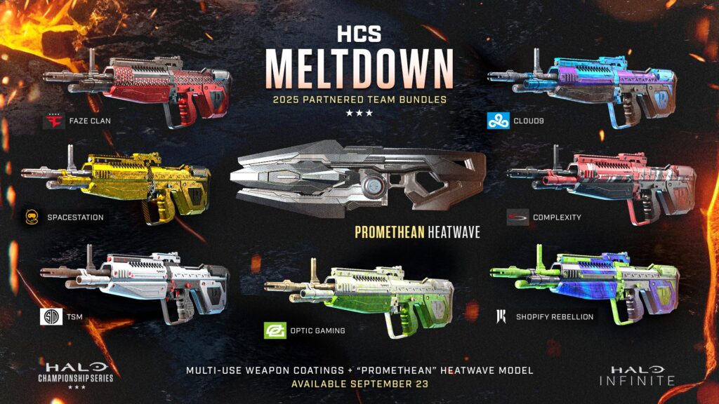 Halo Infinite HCS Meltdown collection featuring esports-themed gun skins and Promethean Heatwave weapon